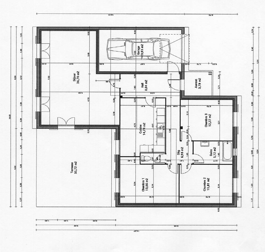 plan maison facade 8m
