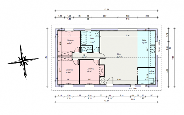 plan maison 3 chambres 90m2