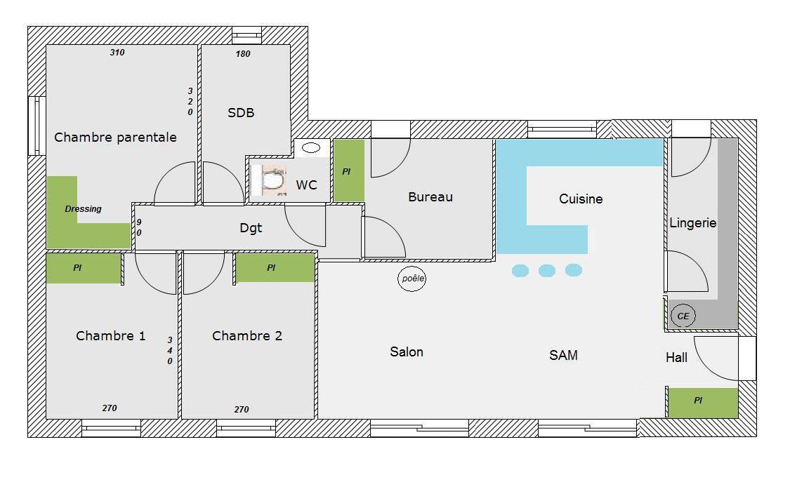plan de maison avec 4 chambres et un bureau